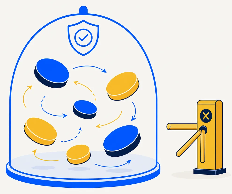 Abstract editorial illustration of a domed blue shield enclosing several blue and gold portfolio-token discs rearranging themselves freely inside, connected by looping arrows and topped with a checkmark shield icon. Outside the dome, a separate gold turnstile gate stands apart, blocked with an X mark. The image represents that positions inside a tax-advantaged account can be freely sold and repurchased for rebalancing without a current-year tax consequence, while a taxable account outside the shelter faces a gate of tax friction on the same kind of trade.