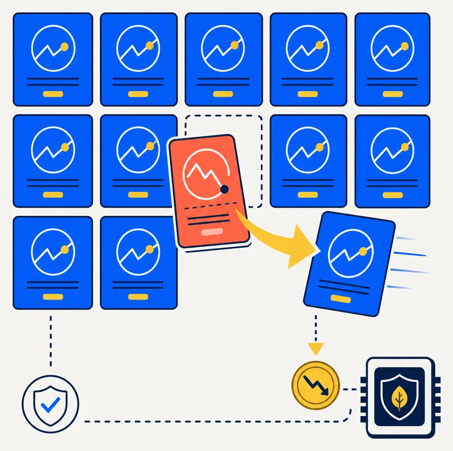 Abstract editorial illustration of a direct-index portfolio grid. Individual electric blue position tiles form a sleeve arrangement. One coral-highlighted tile near the center represents a position trading below its cost basis. A gold sweep arrow exits the coral position tile and a replacement blue tile slides in alongside a small gold loss-token moving into a ledger chip at the bottom right. The image conveys that selling a below-basis position during a rebalancing trade may generate a harvestable realized loss rather than a capital gain — potentially converting the rebalancing tax cost into a beneficial offset.