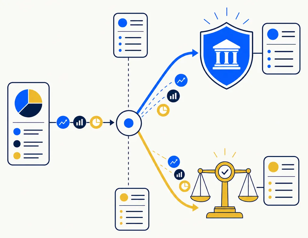 Flat editorial illustration for an article about routing rebalancing decisions between tax-advantaged and taxable accounts. Two diverging portfolio channels are separated by a central decision junction — one channel flows through a clean electric blue protective shield representing the tax-sheltered wrapper of a 401(k) or IRA, the other passes through a gold checkpoint scale representing the taxable account tax gate. Abstract ledger chips and routing arrows connect at the central junction. Portfolio allocation tokens flow along both paths. The mood is calm, analytical, and precise — representing deliberate routing decisions rather than reactive trading.