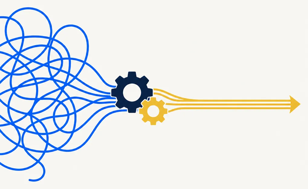Flat editorial illustration showing a tangle of blue thread-like lines on the left resolving through two interlocking gears into a single smooth gold line pointed by an arrow on the right, representing complexity being turned into clarity. Deep navy gear outlines, electric blue and gold palette, off-white background.