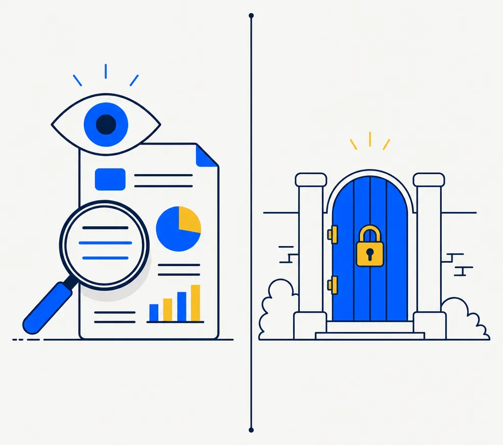 Flat editorial illustration split into two zones by a thin vertical line. The left zone shows an eye and a magnifying glass examining an abstract document with a chart and figures, representing understanding and explanation of an account. The right zone shows a locked gate, representing specific personalized trade instructions that stay off limits. Deep navy outlines, electric blue and gold palette, off-white background.