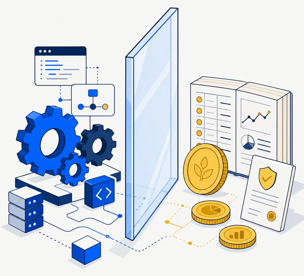 Flat editorial illustration representing an AI system maintaining a deliberate role boundary. A clean transparent crystalline barrier divides the composition into two zones: the left zone contains interlocking blue software gears and abstract pipeline nodes, representing the AI's operational domain; the right zone holds gold coin tokens and an open audit ledger, representing portfolio decisions that remain in the user's hands. Deep navy outlines, electric blue and gold palette, off-white background. The boundary is calm and architectural — not a wall, but a clear separation of purpose.