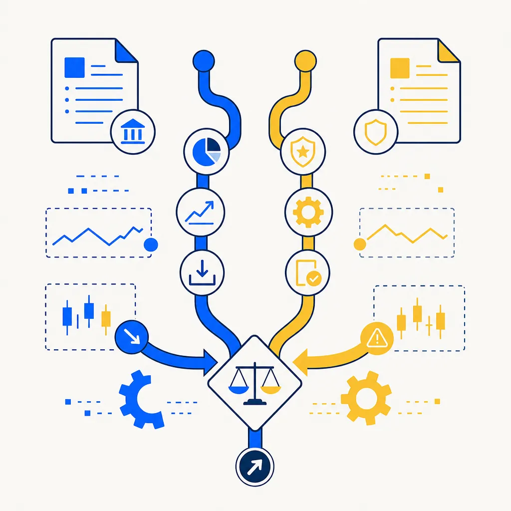 Flat editorial illustration for an article about the Alternative Minimum Tax and tax-loss harvesting edge cases. Two parallel abstract pipeline streams — one electric blue representing the regular tax computation and one gold representing the AMT parallel computation — run side by side from top to bottom, converging at a central diamond comparison gate at the bottom where the higher-value stream flows forward. Abstract angular tax-ledger document shapes float at the upper edges of the composition. The mood is calm, precise, and analytically deliberate.