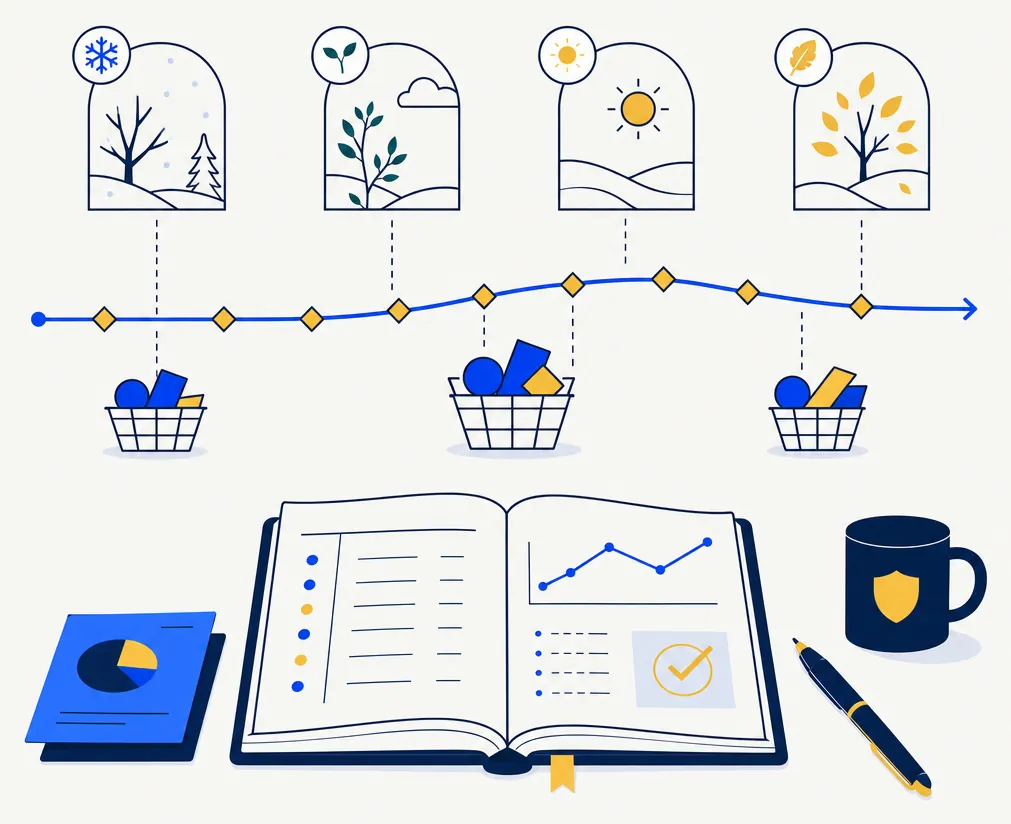 Flat editorial illustration for a tax-loss harvesting pacing article. A clean electric-blue horizontal timeline stretches across the composition, marked by evenly-spaced gold diamond accents representing harvest opportunities across the year. Abstract arc-shaped calendar segments float above the timeline in deep navy. Two small restrained harvest basket shapes appear at key points on the timeline. An open notebook in the lower corner suggests deliberate planning. The mood is measured, calm, and precise — annual cadence, not urgency.