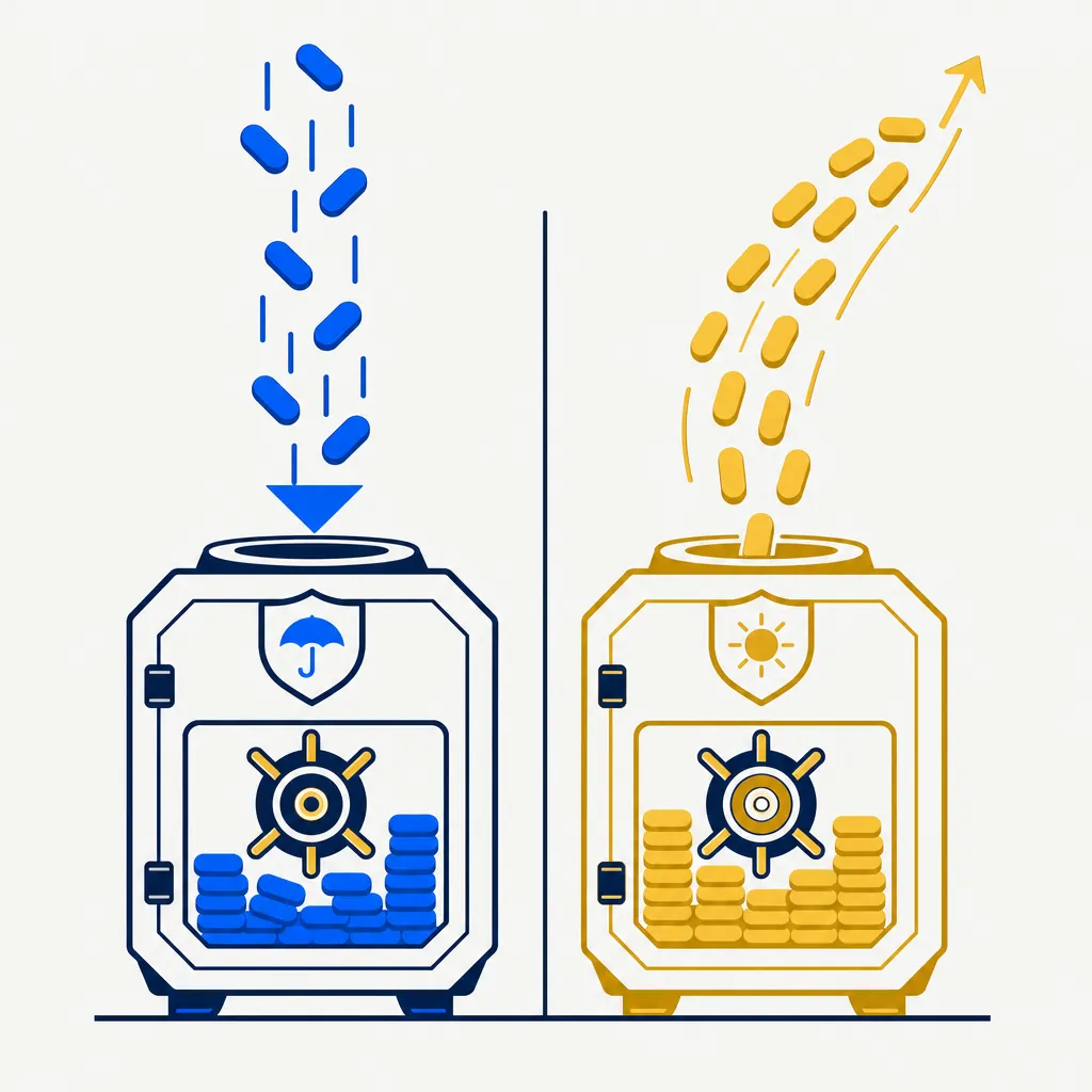 Abstract editorial illustration of two vault-like containers side by side. On the left, a navy-outlined vault receives a steady downward stream of small blue chips, representing income-generating assets such as bonds settling into a tax-deferred account. On the right, a gold-outlined vault receives an upward-arcing stream of gold chips, representing higher-growth assets compounding inside a Roth account. A thin divider separates the two flows, illustrating how different investment types are conventionally routed toward the account structure best suited to their tax-distribution profile.