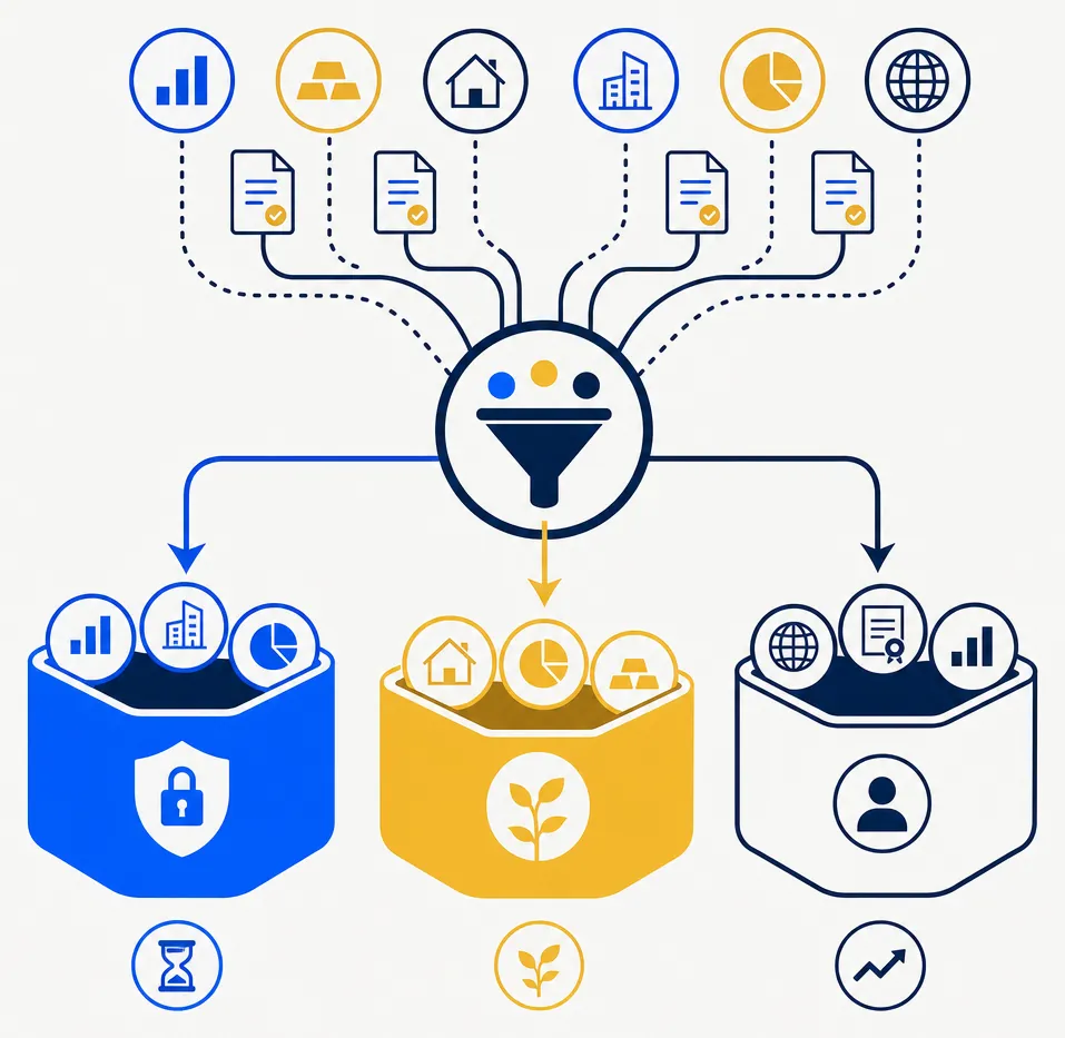 Flat editorial illustration for an article about asset location. Three distinct geometric account containers — one electric blue for tax-deferred accounts, one gold-accented for Roth accounts, and one navy-outline for taxable brokerage accounts — receive abstract portfolio allocation chips routed by clean directional arrows from a central sorting mechanism. The composition emphasizes deliberate, systematic placement of investment types into their most tax-favorable account destinations. The mood is calm, precise, and analytical — representing the practice of treating account type as a strategic variable rather than an afterthought.
