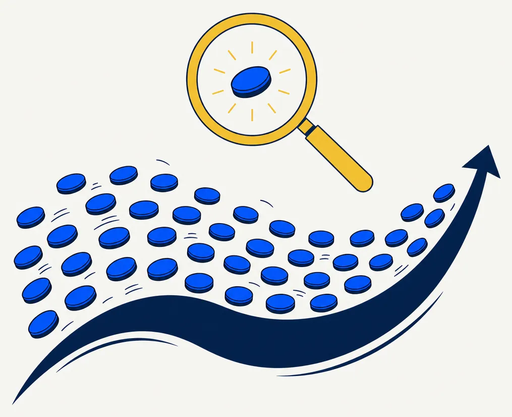Abstract flat illustration of a gold magnifying glass inspecting a single blue token, set above a scattered field of many small blue tokens. A large navy wave sweeps beneath the entire field, lifting all the tokens together in unison, representing how attention on individual stock selection can overshadow the larger market movement that tends to drive most of a portfolio's returns. Clean off-white background with minimal shading.