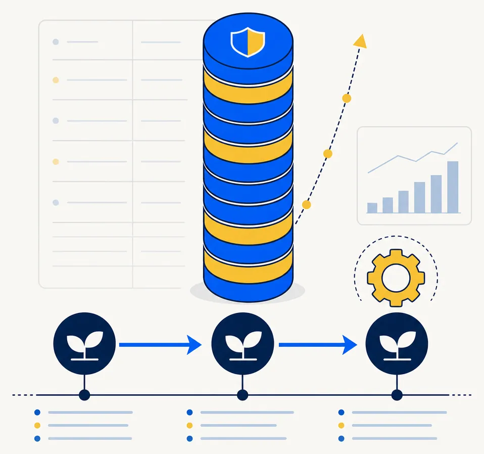 Abstract editorial illustration representing the capital-loss carryforward mechanism under IRC §1212. Three stacked columns of blue and gold portfolio tokens increase progressively in height from left to right, suggesting multi-year accumulation of harvested losses into a growing strategic reserve. A horizontal navy baseline arrow runs beneath the columns. A bright gold target marker at the far right suggests a future gain-recognition event that an accumulated carryforward reserve may offset. Electric blue and gold accents on an off-white background.
