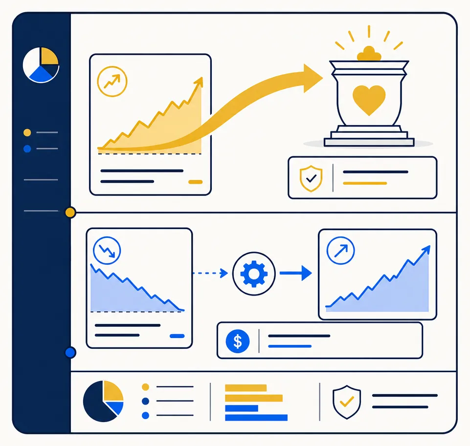 Abstract portfolio divided into two distinct regions. The left region shows a gold-tinted appreciated position with an upward arc flowing toward a stylized charitable vessel at the top, representing the donation strategy where embedded gains are eliminated. The right region shows a blue declining position being matched to a new blue replacement position, representing the harvesting strategy where realized losses are captured. Both regions are part of the same central ledger and portfolio frame, illustrating that coordinated two-strategy optimization uses each lever on the appropriate type of position — appreciation toward donation, losses toward harvesting.