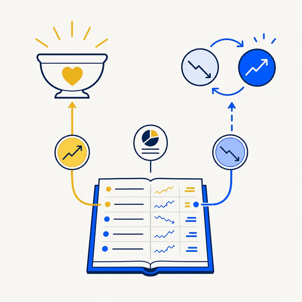 Flat editorial illustration showing two branching paths emerging from a central open portfolio ledger. The left path carries a gold-tinted appreciated-stock token arching upward toward an abstract charitable vessel, representing the donation strategy where embedded gains are eliminated at the point of contribution. The right path shows a blue underwater position being exchanged for a replacement, representing tax-loss harvesting where realized losses offset recognized gains. Both paths originate from the same portfolio document — conveying that donation and harvesting address different parts of the same portfolio.
