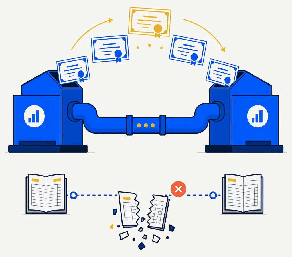 Abstract editorial illustration showing two geometric brokerage containers connected by a dual pipeline. A bold blue upper channel carries blue and gold share certificate tokens successfully from container to container. A dotted lower channel carrying open ledger pages breaks midway, with document fragments scattered — suggesting cost basis records that fail to complete the broker transfer while securities arrive intact.