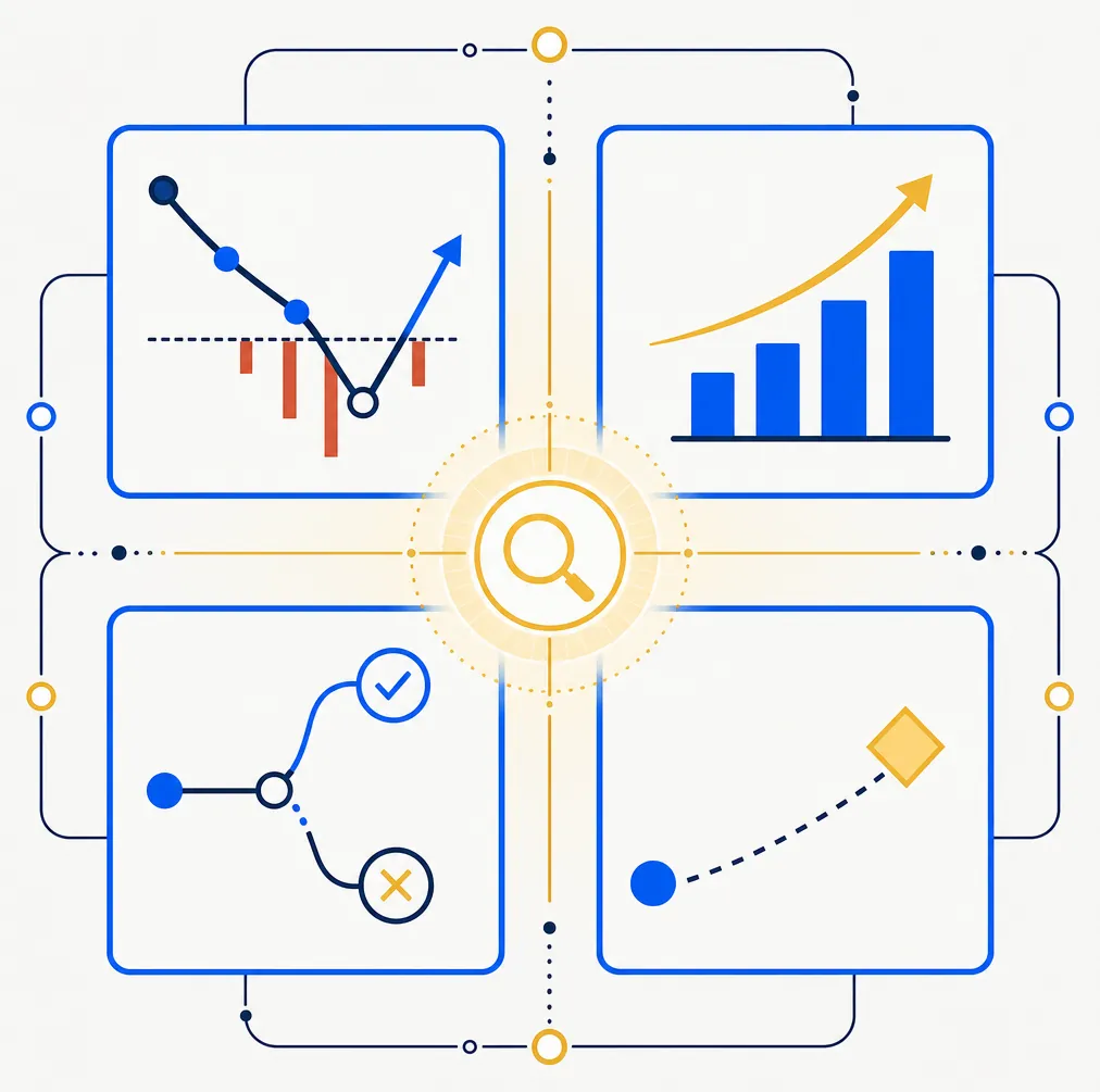 Abstract editorial illustration of a sophisticated portfolio inspection system — four clean blue rectangular panels arranged in a 2-by-2 grid, each containing a minimal abstract symbol representing a different dimension of tax-aware portfolio insight: realized losses tracked, unrealized gains visible, position hold-versus-exit intent, and a future tax path projection ending in a gold diamond focal point. A gold spotlight illuminates the center of the four-panel system, evoking transparency, intelligent inspection, and the layered information a serious direct-indexing product makes visible to its user.