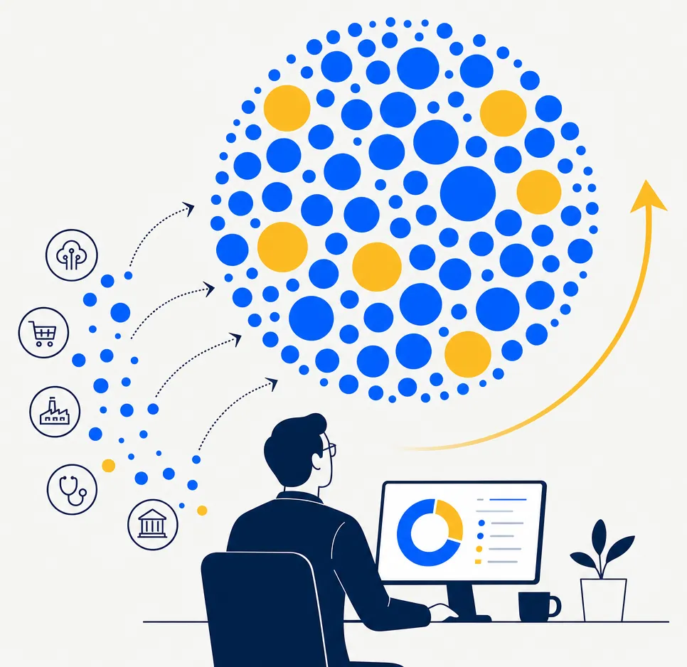 Flat editorial illustration representing direct indexing: many small individual blue circular dots self-assembling and clustering into a larger abstract circular index shape, with several dots highlighted in gold as key components. Represents the concept of owning individual stocks that collectively compose an index rather than a single ETF wrapper.