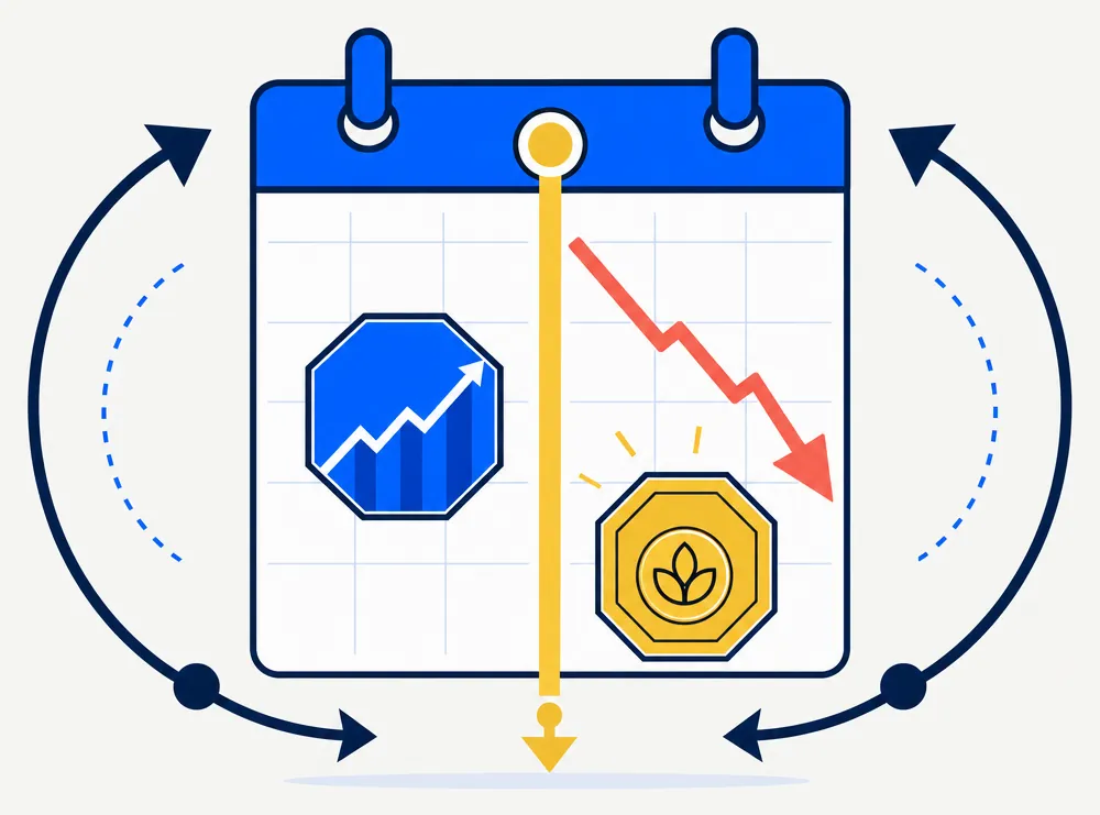 Abstract editorial illustration for an article about dividend washing and the wash-sale rule. Flat vector composition: a stylized calendar page split by a bold vertical gold ex-dividend date dividing line, with a blue geometric stock-token on the left side and a downward-pointing coral arrow plus a gold coin token on the right side. Two curved navy arrows span a wide timing arc on either side, representing the 61-day wash-sale timing constraint. Electric blue, gold, and coral palette on an off-white background, editorial fintech style.