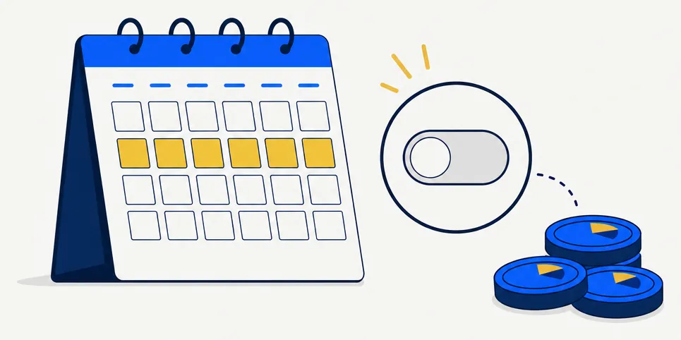 Editorial illustration representing pausing an automatic dividend reinvestment plan before a planned tax-loss harvest. A calendar page shows one highlighted week in gold beside a toggle switch shown in the off position, with blue portfolio tokens set off to the side rather than moving into the highlighted window, symbolizing suspended automatic reinvestment during the wash-sale window.