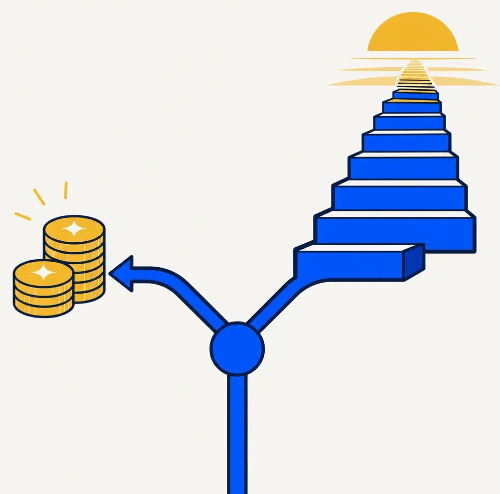 Flat editorial illustration showing two paths branching from a central blue fork node: the left path curves toward a compact cluster of gold coins representing the near-term tax benefit of harvesting an unrealized loss, while the right path extends as ascending blue stair-steps rising toward a layered gold horizon, representing the long-horizon hold strategy and the potential IRC §1014 estate step-up. The fork-and-paths geometry conveys the core planning trade-off this article examines: harvest a loss today for an immediate tax benefit, or hold the position through an estate transfer for a potential basis reset.