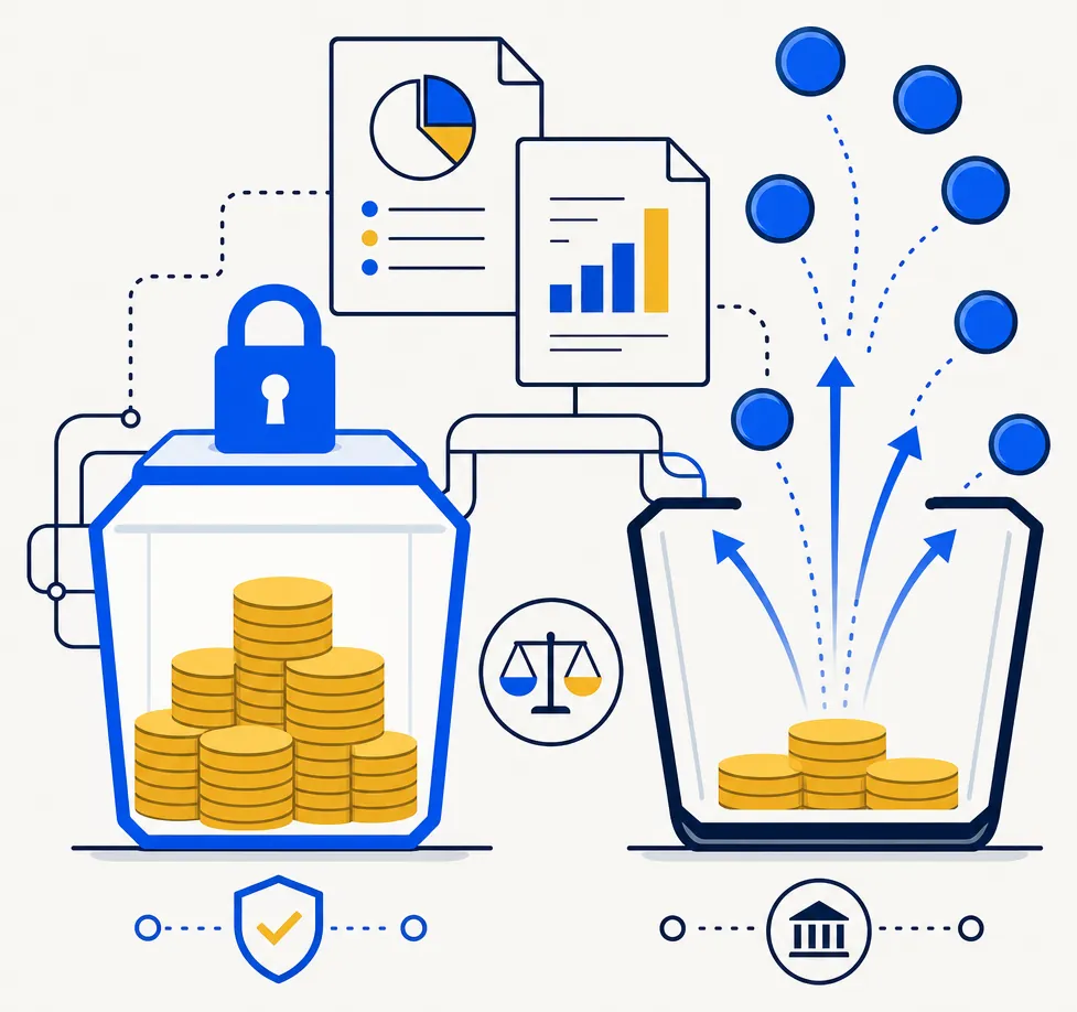 Abstract editorial illustration for a finance article about ETF versus mutual fund tax efficiency in taxable accounts. On the left, a sealed geometric container with thick electric blue outlines holds stacked gold value tokens inside, representing an ETF that structurally defers gain recognition. On the right, a deep navy outlined container has arrows pointing outward releasing blue circular tokens into the air, representing a mutual fund that distributes capital gains to all shareholders each year. Abstract portfolio document and pipeline motifs appear in the background. The composition is minimal, flat-vector, and modern with an off-white background.