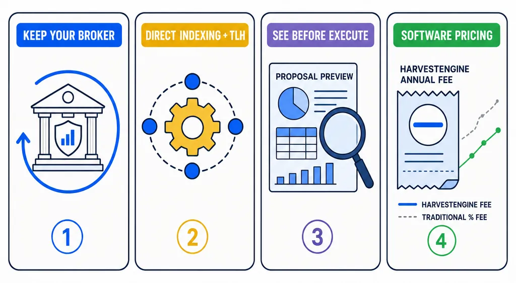 Compact concept infographic showing four numbered panels in a horizontal row representing the four product requirements the founder could not find in the market. Panel 1: blue chip labeled KEEP YOUR BROKER with a vault icon and arrow showing assets remaining in place, numbered circle 1. Panel 2: gold chip labeled DIRECT INDEXING + TLH with a gear icon and portfolio dots, numbered circle 2. Panel 3: purple chip labeled SEE BEFORE EXECUTE with a magnifier over a proposal document, numbered circle 3. Panel 4: green chip labeled SOFTWARE PRICING with a flat receipt line contrasted against an ascending fee curve, numbered circle 4.