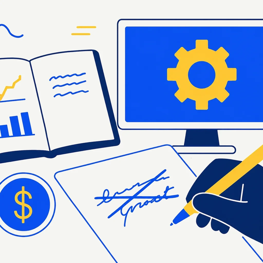 Flat infographic editorial illustration representing a founder's deliberate decision. An abstract open notebook with margin sketches in deep navy, off-white, and accent green. A single crossed-out line suggests rejecting a high advisory fee in favour of building transparent software. Calm, confident, magazine-style composition with no text or numbers.