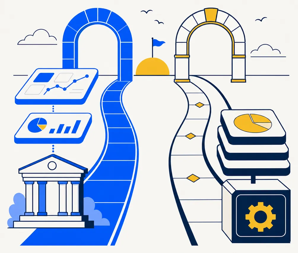 Abstract editorial illustration comparing two investment platform models. Two geometric pathways diverge from different starting structures — one in electric blue representing a software-layer approach that runs on an investor's existing brokerage, the other framed in deep navy and gold suggesting an integrated managed custody platform — both paths leading forward in a flat vector composition on an off-white background.