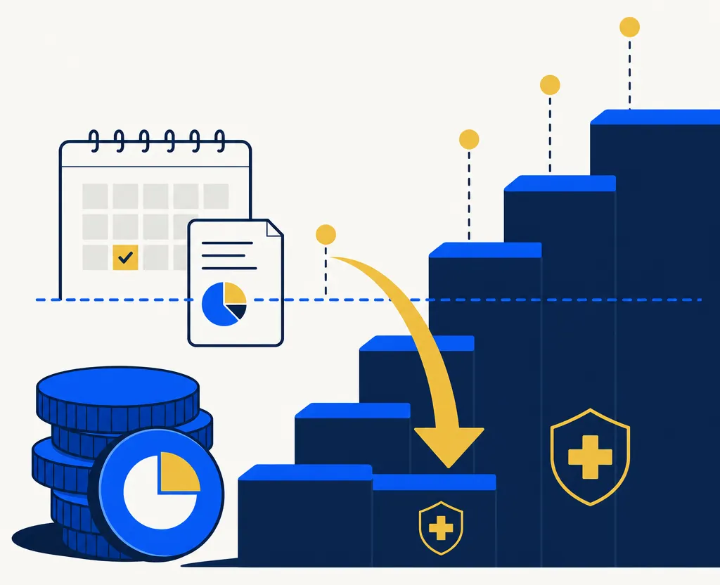 Abstract editorial illustration for a finance article about Medicare income surcharges and tax-loss harvesting. Graduated stair-step tiers in deep navy and electric blue represent income bracket thresholds. A prominent gold downward-curving arrow crosses below a blue tier boundary line, suggesting MAGI reduction from harvested losses dropping below a surcharge threshold. A stack of electric blue portfolio tokens on the left represents capital gains being offset. The composition is minimal, flat-vector, and modern with an off-white background.