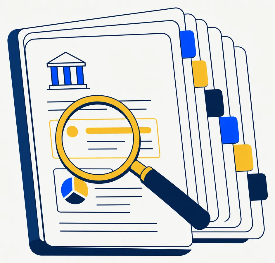 Flat editorial illustration representing an IRS tax-code reference guide for tax-loss harvesting. A neat stack of tabbed reference pages fanned open, each page's bookmark tab rendered in alternating electric blue, gold, and navy — suggesting a navigable multi-section reference document. A gold magnifying glass hovers above the top page, highlighting a key rule marker. Abstract geometric shapes on an off-white background, evoking the precise, inspectable nature of a rule-based tax-aware portfolio system.