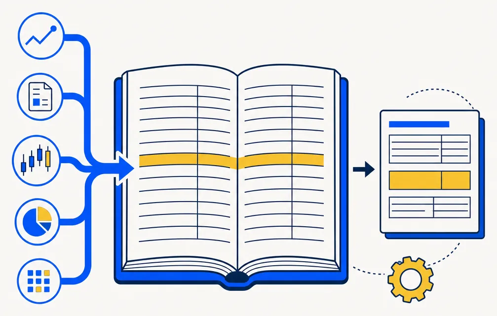 Abstract editorial illustration representing the capital transaction reporting pipeline that flows through IRS Form 8949. A flat vector composition shows an open ledger book with ordered rows of navy detail lines, one row highlighted in gold to suggest a marked harvested loss transaction. A blue pipeline arrow flows in from the left representing individual capital sales feeding the form. A smaller summary form floats to the right connected by a navy arrow, suggesting the Schedule D rollup. Electric blue, navy, and gold palette on an off-white background.