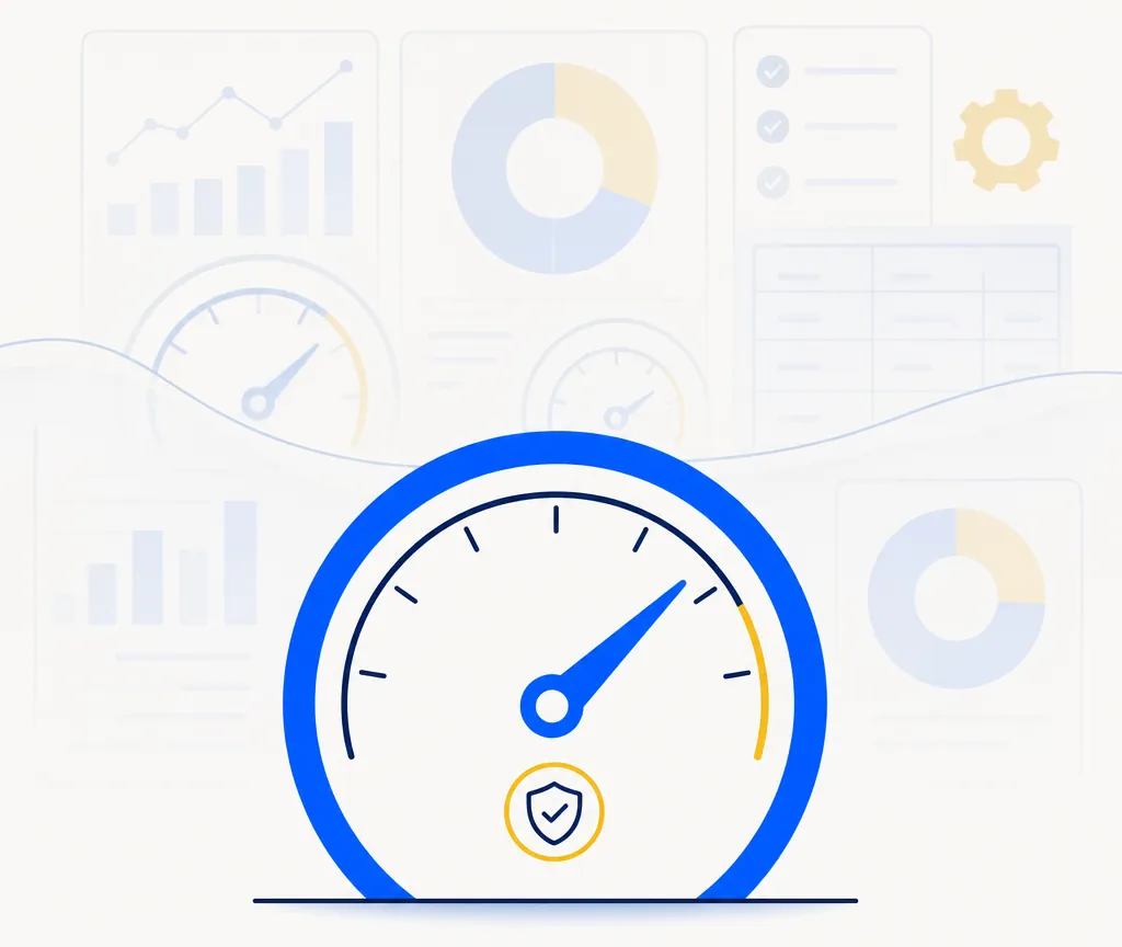 Abstract flat editorial illustration of a large blue circular dashboard dial with a single needle pointing toward a gold zone, positioned in the foreground on an off-white background. Behind it, a cluster of additional dials, bar charts, donut charts, and a gold gear icon appear translucent and faded, representing hidden complexity. The composition conveys how a dashboard may surface one clear primary reading while filtering additional figures out of view until they become relevant.