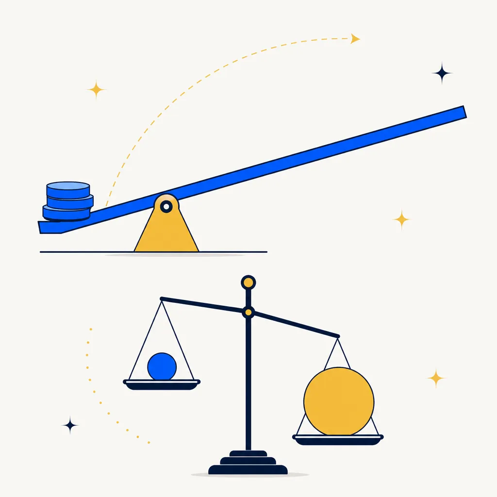 Abstract editorial flat illustration of a blue geometric lever balanced on a gold fulcrum point. The shorter left end holds a small stack of blue portfolio tokens representing actual investable cash. The long right arm extends across the canvas toward a much larger abstract capacity indicator, showing how margin leverage may extend an investor's reach far beyond their literal cash balance. A secondary navy balance scale reinforces the weighting concept. Clean off-white background, no text or numbers, electric blue lever and gold fulcrum as the dominant geometric elements.
