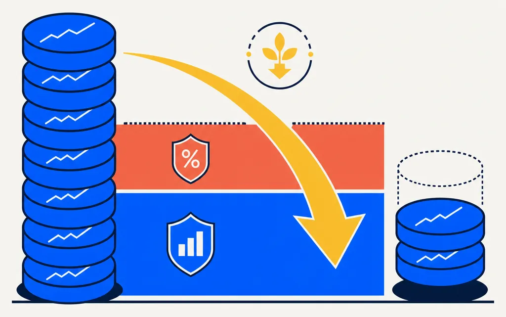Abstract editorial illustration for a finance article about the 3.8% Net Investment Income Tax and tax-loss harvesting as a NIIT reduction strategy. Two horizontal computational layers are stacked: a wide electric blue lower band represents the standard capital gains rate, and a narrower coral-accented upper band represents the 3.8% surtax surcharge layer. A bold gold downward-curving arrow crosses both layers, symbolizing harvested losses reducing the combined tax burden. Abstract blue portfolio tokens arranged in a column on the left represent capital gain positions. On the right a reduced smaller column suggests net investment income after the offset. Off-white background, flat-vector fintech editorial style, minimal and premium.