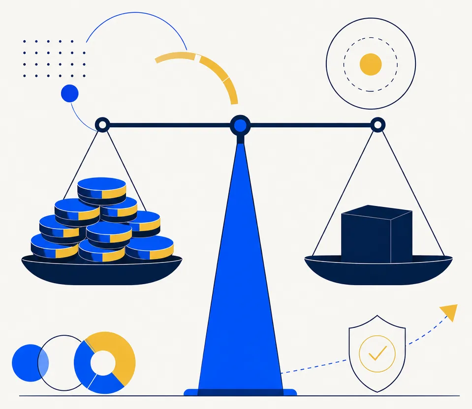 Abstract editorial illustration of a balance scale with a cluster of small blue and gold disc-shaped portfolio tokens on the heavy left pan and a single dark navy counterweight block on the right pan, both pans nearly level. An electric blue fulcrum anchors the center. The composition conveys controlled hedging — a short position as precision ballast rather than speculation — on a clean off-white background.