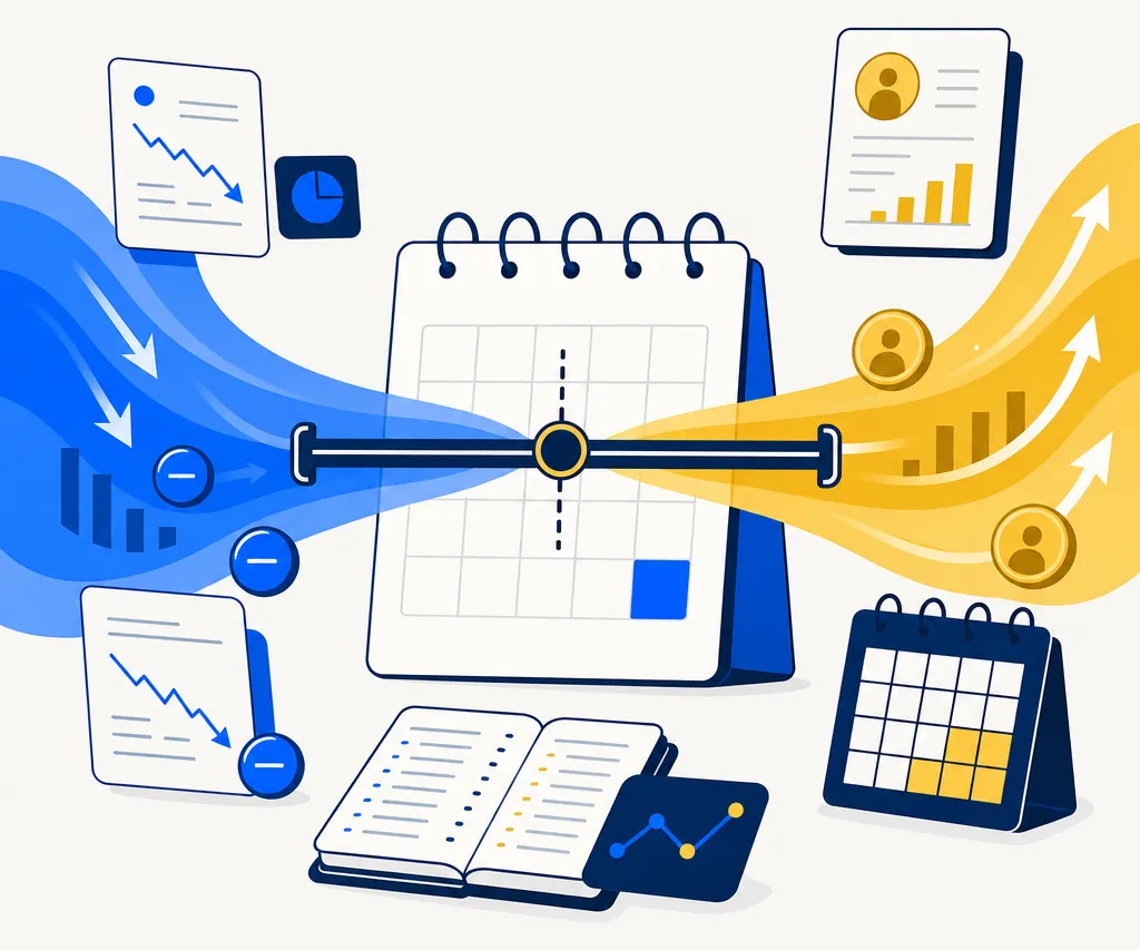 Flat editorial illustration for an article about coordinating Roth IRA conversions with tax-loss harvesting timing. Two abstract streams — one electric blue representing capital losses and one gold representing ordinary conversion income — converge at a central year-end calendar gate with a clean horizontal bracket threshold bar. Abstract ledger pages and a small Q4 calendar chip float at the edges of the composition. The mood is calm, deliberate, and analytically precise — representing intentional bracket coordination rather than reactive tax moves.