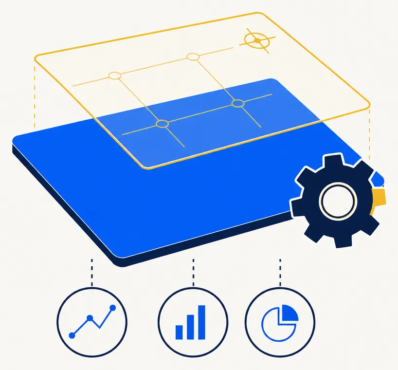 Abstract editorial illustration representing a short overlay as an optional additive layer in a tax-aware portfolio. A solid electric-blue base panel represents the long-only sleeve; a translucent gold-outlined overlay panel floats above it at a slight offset, visually distinct and purposefully controlled. A navy gear with a gold accent tooth beside the panels suggests the precision control mechanism that governs when and how the short overlay is activated.