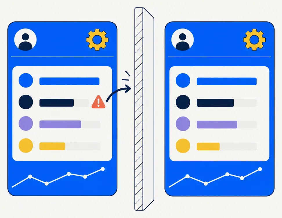 Abstract editorial illustration showing the invisible cross-account wash-sale problem. Two distinct blue rectangular account panels sit side by side, each representing a brokerage account managed separately. A subtle vertical barrier divides them. The left panel shows abstract portfolio position bars with a small coral warning signal adjacent to one position bar. A navy arrow curves from the coral signal toward the barrier but cannot cross it, blocked and invisible to the right panel. The right panel shows its own position bars without any corresponding warning indicator — representing the structural blindness of separate brokerages to each other's trading activity, the root cause of household wash-sale traps.