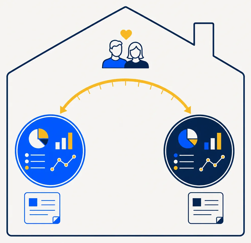 Flat editorial illustration for an article about household wash-sale rule coordination across spousal investment accounts. Two circular abstract portfolio clusters — one electric blue, one deep navy — sit on opposite sides of the composition, connected by a curved gold arc bridge with subtle tick-mark segments representing a 61-day time window. A clean rectangular boundary frame encloses both clusters, suggesting the unified tax household pool that Revenue Ruling 2008-5 established. Small abstract document chips float near each cluster. The mood is calm, precise, and analytically transparent — representing the invisible household-level link that the wash-sale rule creates between two separately-managed accounts.
