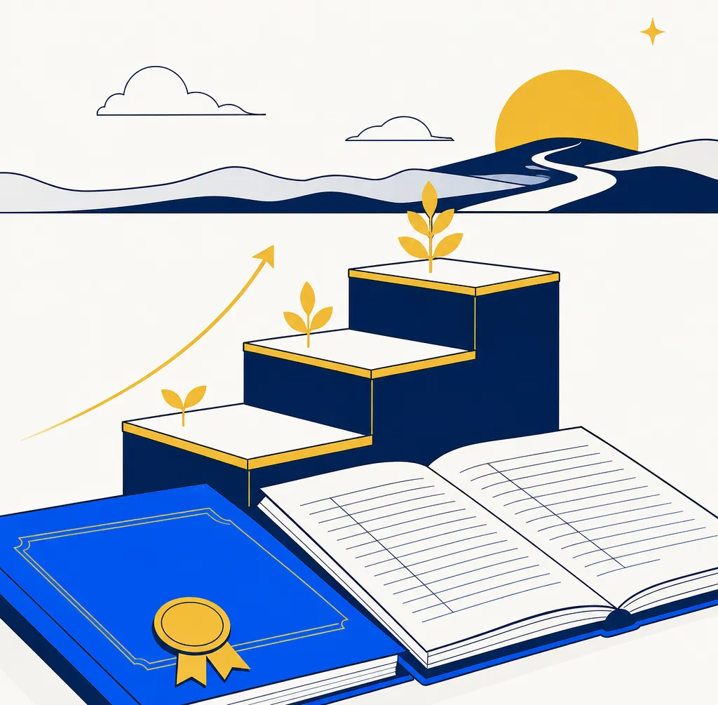 Flat editorial illustration showing a stepped ascending staircase in gold and navy rising toward a layered horizon, with an abstract open ledger at the base. The ascending steps represent the generational arc of long-horizon wealth held through an estate plan, and the ledger suggests inheritance documentation — together conveying the long-term power of the IRC §1014 basis step-up rule in estate and tax planning.