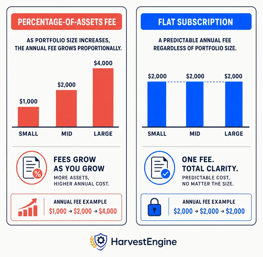 Side-by-side infographic comparing two fee models. Left card labeled PERCENTAGE-OF-ASSETS FEE shows three coral bars of increasing height for small, mid, and large portfolio sizes — illustrating that the annual charge scales upward as the portfolio grows. Right card labeled FLAT SUBSCRIPTION shows three blue bars of identical height for the same three portfolio sizes — a dashed horizontal guide reinforces that the cost remains constant regardless of portfolio value. The structural contrast shows how a percentage-of-assets fee may compound its advantage for the platform as investor wealth grows.
