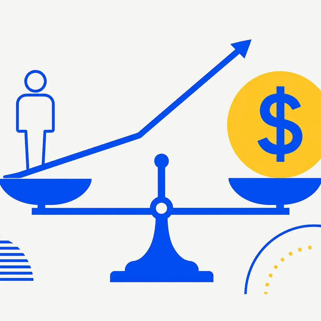 Flat infographic illustration for a finance article about fee structure comparison. Abstract paths in deep navy and accent green on an off-white background: one line ascends steeply, representing a fee that scales with portfolio size; one remains flat, representing a fixed subscription. Subtle scale and balance imagery reinforces the fee-crossover concept. No text or numbers in the image.