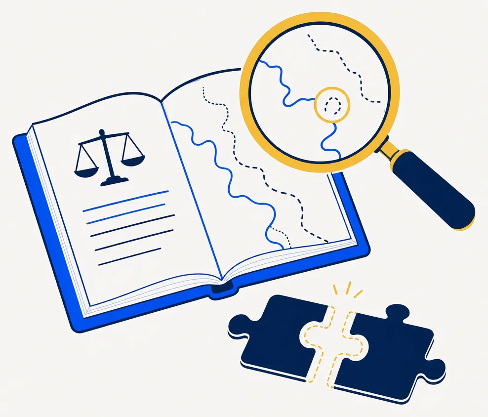 Abstract editorial illustration representing a legal standard with no single fixed definition: an open blue notebook with a scale-of-justice icon and wavy, unclear boundary lines running across the page, a gold magnifier lens hovering above highlighting one detail, and two navy puzzle pieces not quite fitting together nearby to suggest unresolved analysis.