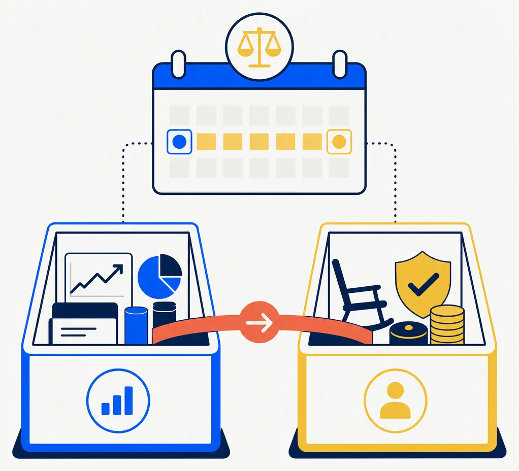 Abstract editorial illustration of the IRA wash-sale trap: two separate account containers — a blue taxable brokerage box and a gold-rimmed retirement account box — connected by a coral directional arrow or bridge representing the hidden cross-account rule link, with abstract calendar-window markers above both indicating the shared 61-day timing constraint. Flat vector style on an off-white background.