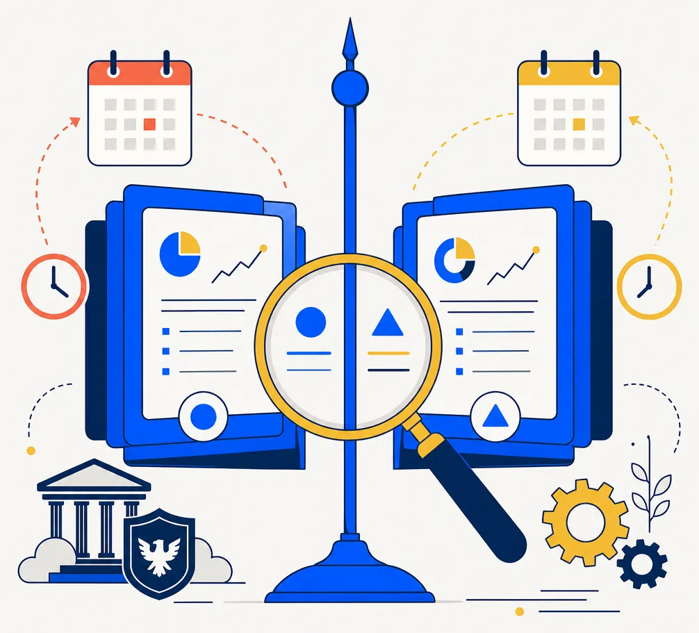 Abstract editorial illustration for an article about the IRS substantially-identical securities standard under §1091. Flat vector composition: two paired blue document stacks or ledger folios with subtly different markings, flanked by a gold magnifier lens highlighting the distinction between them, with abstract coral and gold calendar-window markers indicating the 61-day timing constraint. Electric blue, navy, gold, and coral palette on an off-white background, editorial fintech style.