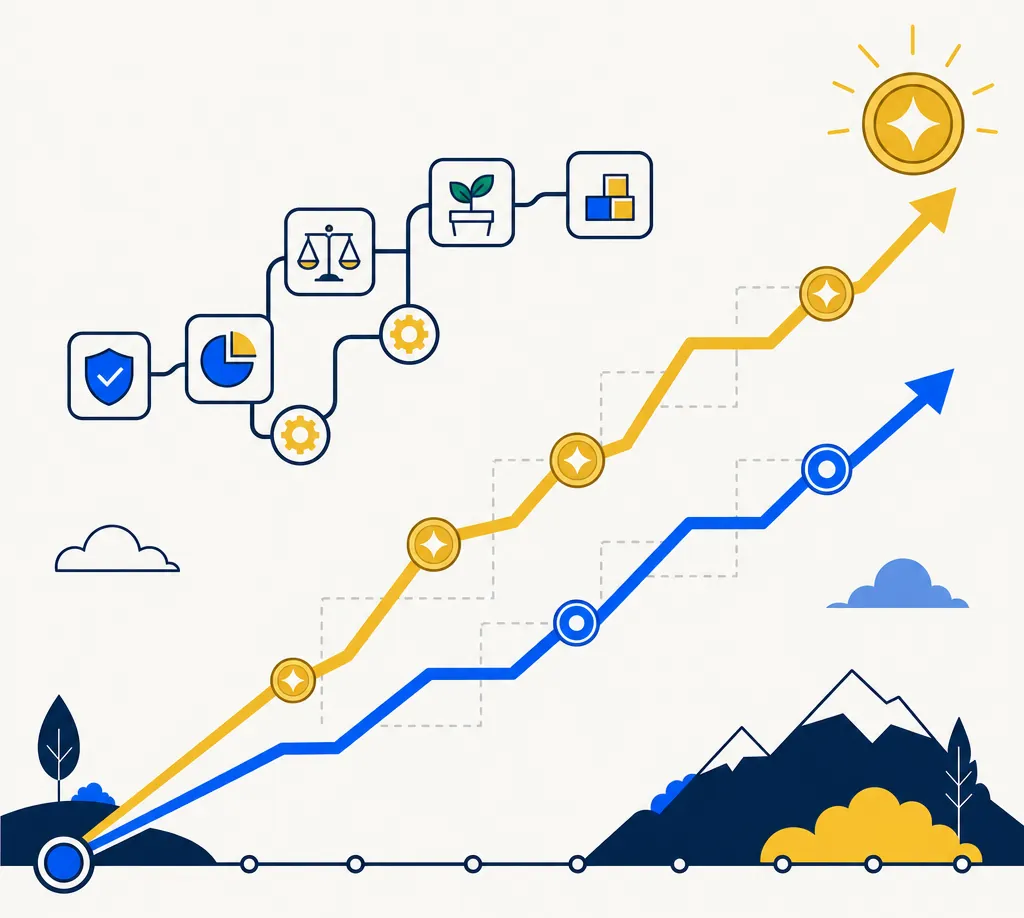 Editorial cover illustration for an article about tax alpha. Two parallel ascending geometric paths rise from a shared origin over a long timeline — a primary electric blue path and a gold path sitting consistently higher, representing after-tax portfolio compounding outperformance accumulating over many years. Abstract minimal composition with a subtle stepped grid in the background suggesting a systematic, disciplined process.