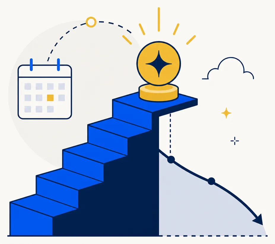 Abstract editorial illustration for a finance article about tax-gain harvesting and cost basis resets. A tiered electric-blue staircase rises from left to right, representing a series of increasing cost basis levels. A prominent gold marker or token is placed at the top rung, signaling the newly reset higher basis after a deliberate gain recognition. Below the staircase, a soft navy downward-sloping path suggests the reduced future taxable gain. A subtle calendar arc in the background hints at deliberate low-income year selection. Flat-vector, minimal, off-white background.
