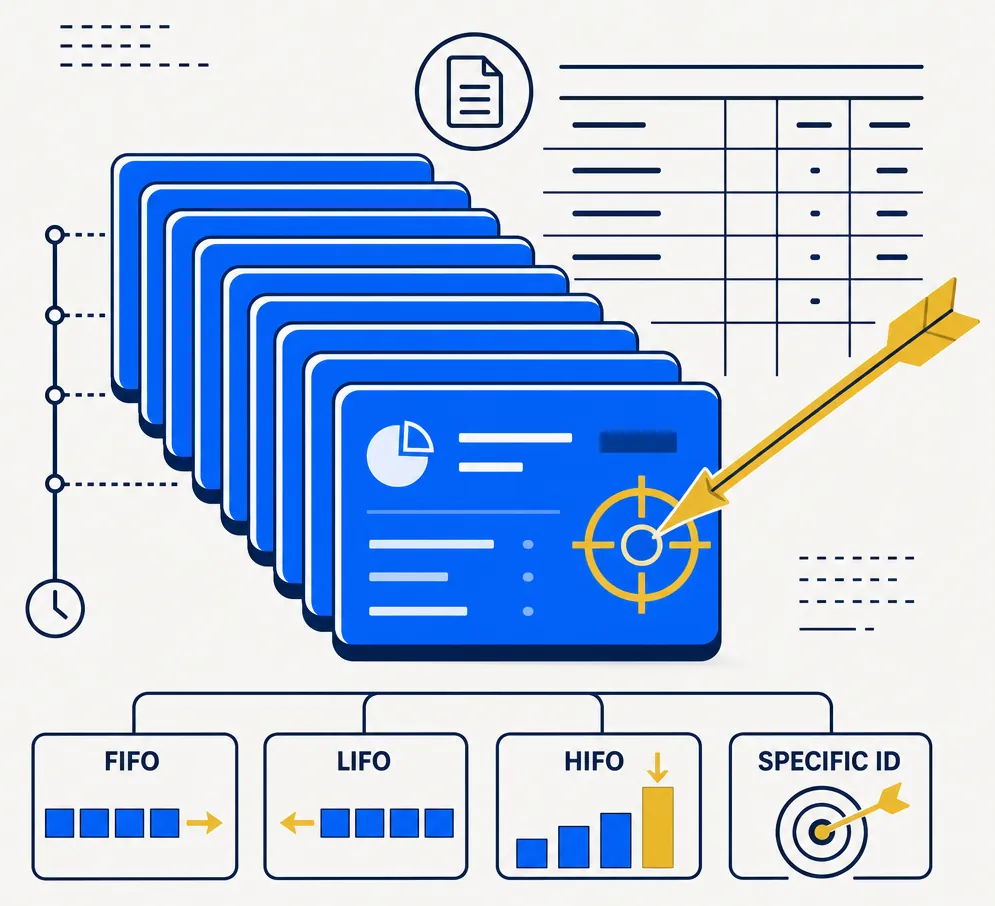 Abstract editorial illustration representing tax lot selection and cost-basis accounting methods — FIFO, LIFO, HIFO, and specific-ID. Flat vector composition: layered blue rectangular cards representing portfolio lot records are stacked by acquisition age, with a gold selection arrow precisely designating one card from the stack. Abstract navy grid lines and ledger marks fill the background, evoking a deliberate, tax-intelligent designation system. Electric blue, navy, and gold palette on an off-white background.