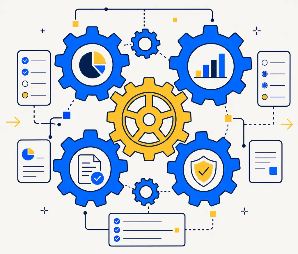 Abstract illustration of an interconnected engine: several blue gears surrounding one central gold gear, linked to checklist cards and simple chart icons on either side. Represents a tax-loss harvesting engine coordinating multiple tracked steps — lot tracking, opportunity ranking, wash-sale screening, and replacement selection — as one connected system rather than a single isolated action.