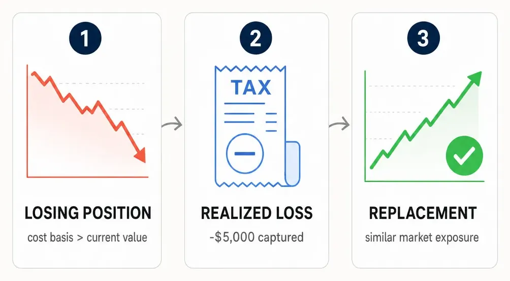 Compact concept infographic showing the three-step tax-loss harvesting workflow. Step 1, LOSING POSITION: a stylized downward stock chart in coral, representing a holding where current value is below cost basis. Step 2, REALIZED LOSS: a tax receipt icon in brand blue, showing the capital loss captured by selling. Step 3, REPLACEMENT: an upward-trending green chart with a checkmark, representing a similar-exposure security purchased to keep the portfolio invested.