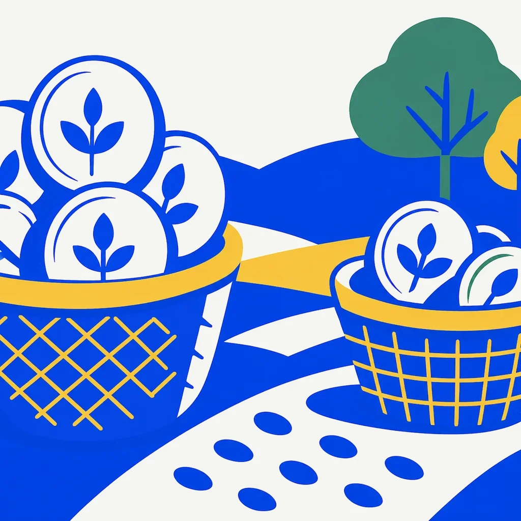 Flat infographic illustration using an autumn harvest metaphor for tax-loss harvesting. Abstract planted seeds and stylized harvest baskets in gently rolling fields, rendered in deep navy, off-white, and accent green. Represents the patient, seasonal process of converting investment losses into tax value.