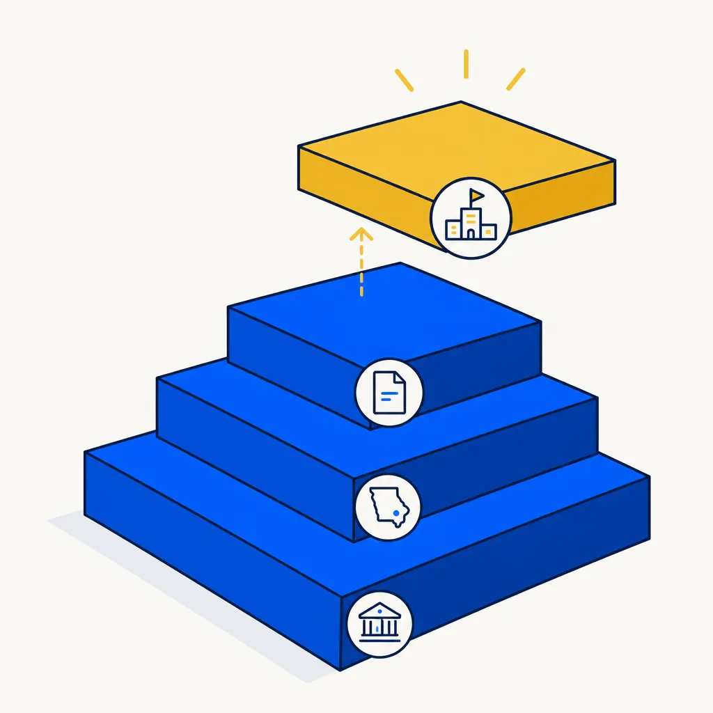 Flat editorial illustration of a stair-step tower of blue geometric plates representing the federal and state tax layers, with a smaller gold plate hovering above and connected by a dashed arrow, representing an additional municipal tax layer added on top for city residents.