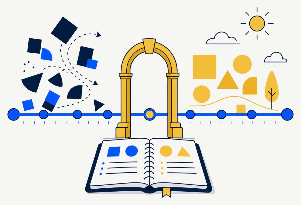 Flat editorial illustration depicting the timing dimension of tax-loss harvesting for investors who change state residency. A horizontal blue timeline stretches across the composition, marked at a midpoint by a gold dividing gate representing the state residency change. On the left side, abstract navy and blue shapes represent losses that may be realized under higher state rates before the move; on the right side, gold shapes represent the lower-tax destination state. A small open notebook sits at the base of the dividing gate. Clean minimal composition with off-white background.