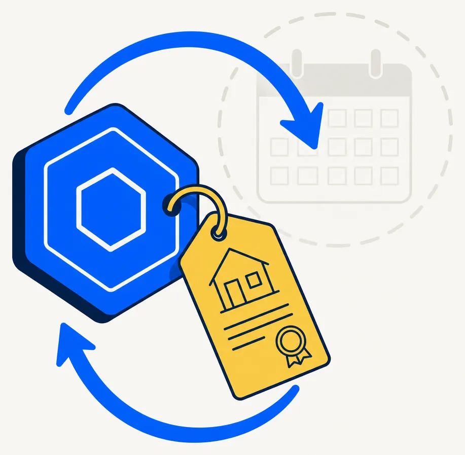 Abstract editorial illustration for a finance article about cryptocurrency tax-loss harvesting and the IRC §1091 property-classification gap. Flat vector composition in electric blue and gold: a geometric hexagonal digital-asset token with a gold property-deed tag attached, connected by two paired directional arrows forming a continuous sell-and-rebuy cycle loop. A faded calendar element in the background suggests the absent wash-sale waiting period that does not currently apply to property-class assets under existing IRS guidance.